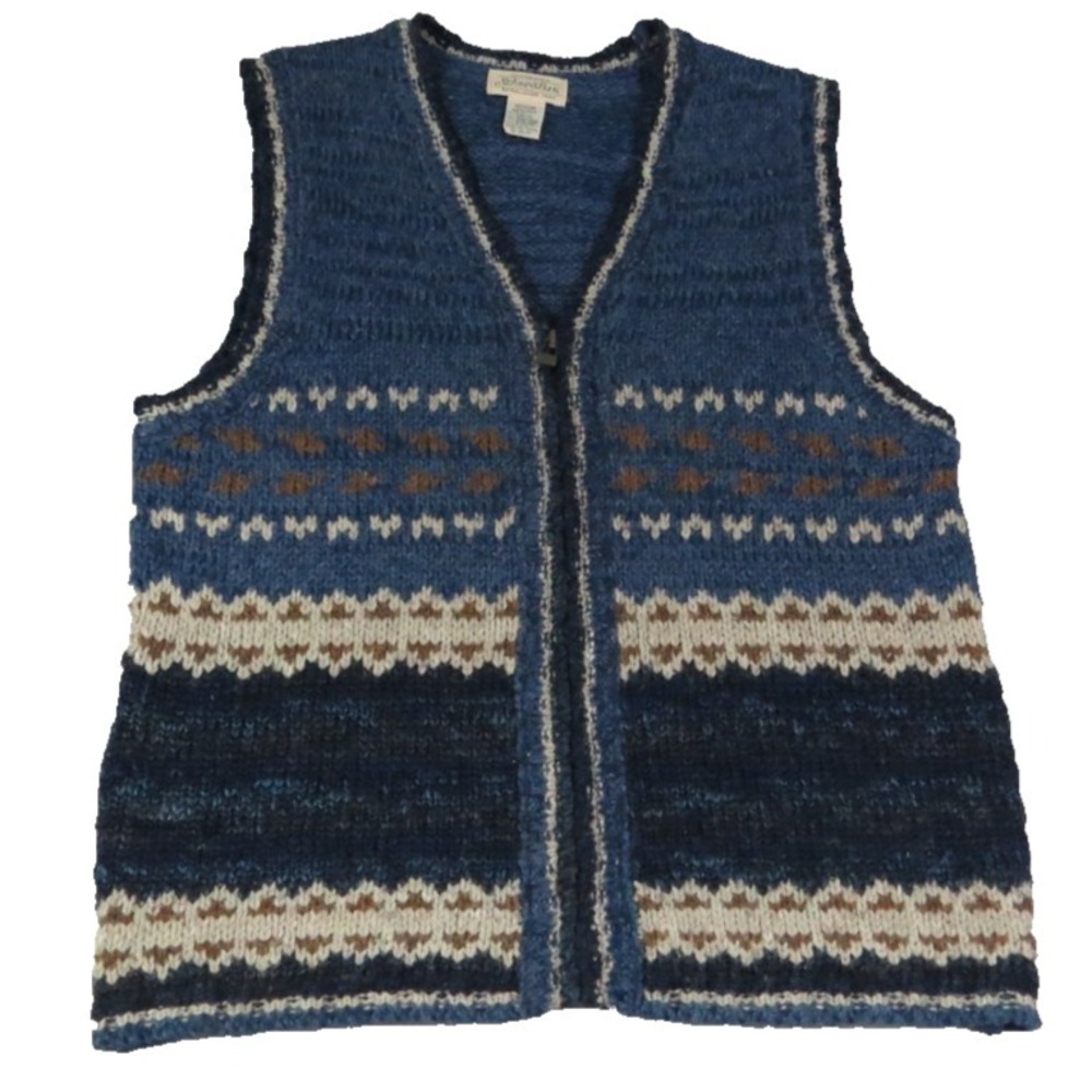 St Johns Bay Womens M Blue Fair Isle Sweater Vest Full Zip Wool Blend Rustic Mod